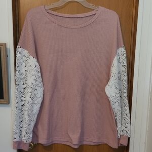 SHEIN Pink Waffle Knit Top with White Lace Sleeves